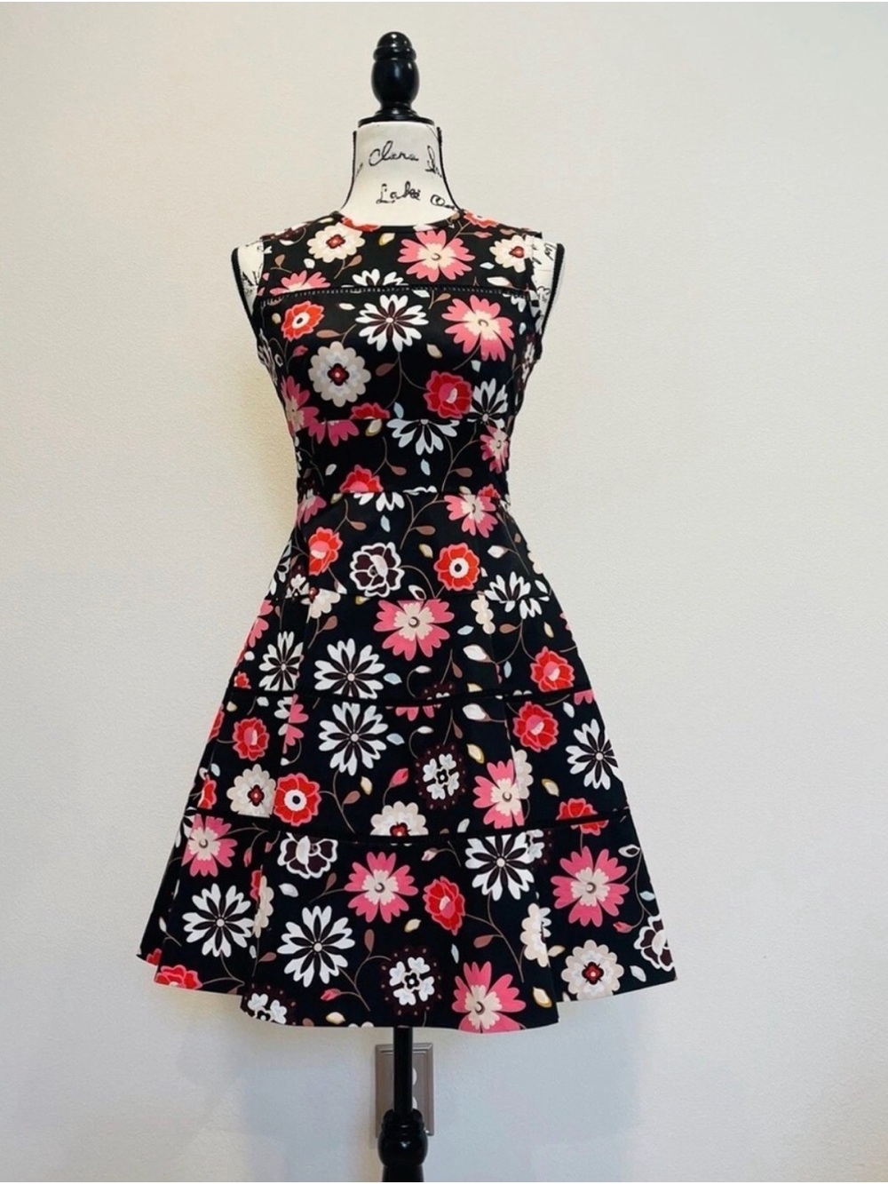 kate spade Black Floral Fit-and-Flare Midi Dress with Pink, Red & White Flowers